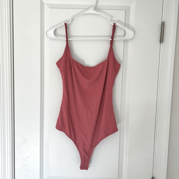 SOLD - Lulus Ribbed Strappy Pink Bodysuit - Picture 2 of 3